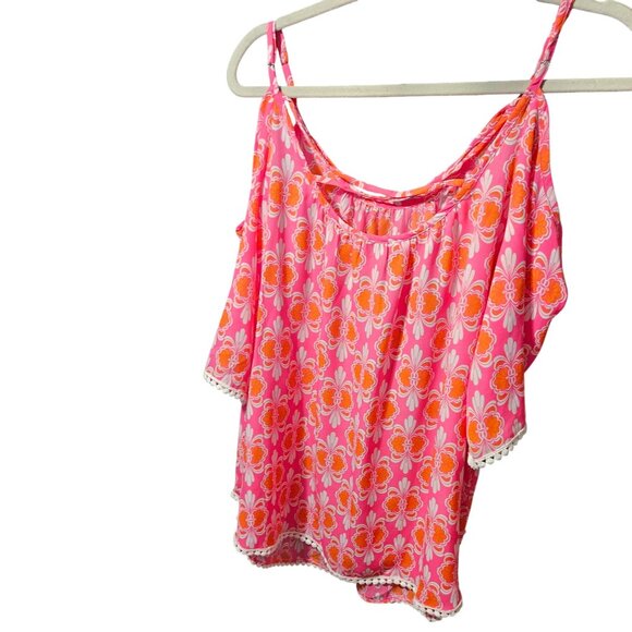 Charming Charlie Womens XL Floral Pink & Orange cold shoulder Sleeve Top With Cr - Picture 2 of 5